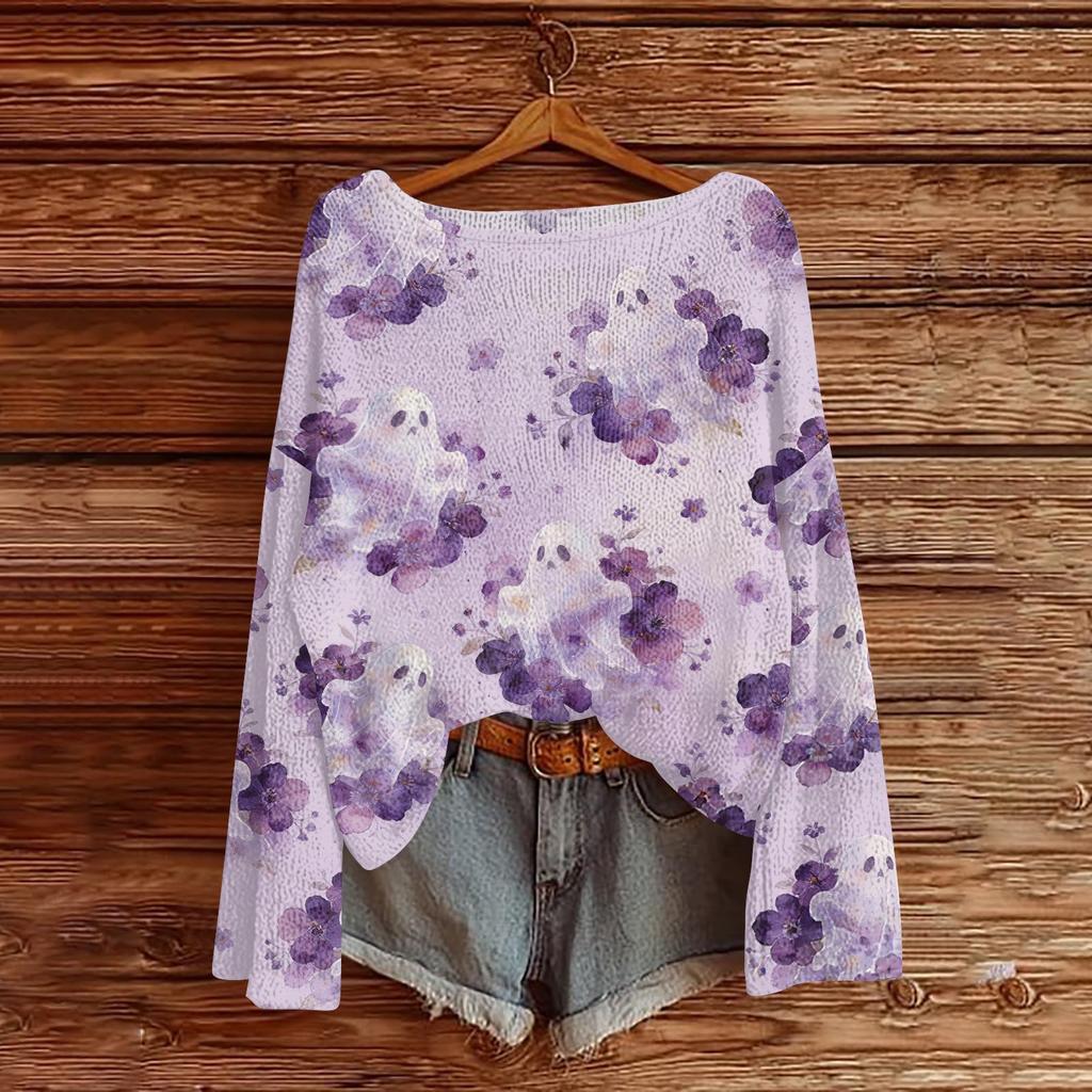 Women's Long Sleeve Halloween Print Knit Pullover Top Round Neck Casual Sweater