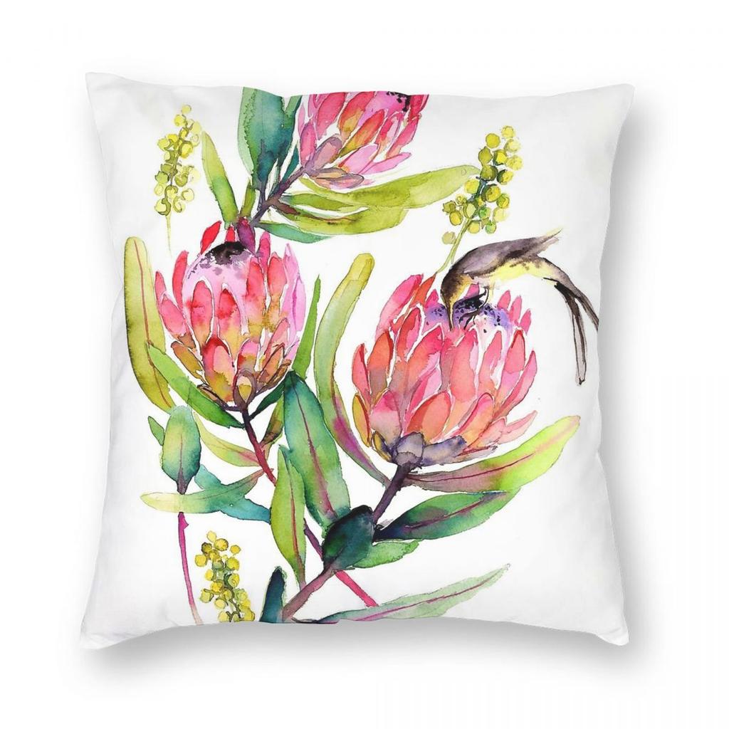 Pink Protea And Bird Blossoms Square Pillowcase Polyester Linen Velvet Printed Zip Decorative Pillow Case Home Cushion Cover