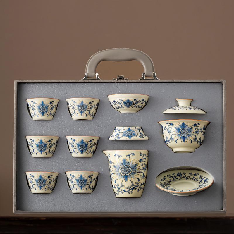 New Chinese high-end national style twisted lotus Ru kiln kung fu tea set, household ceramic teapot gift box