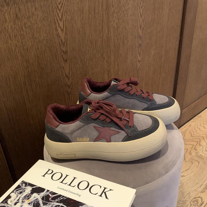 Round head muffin thick-soled bread shoes retro splicing casual style star board shoes women