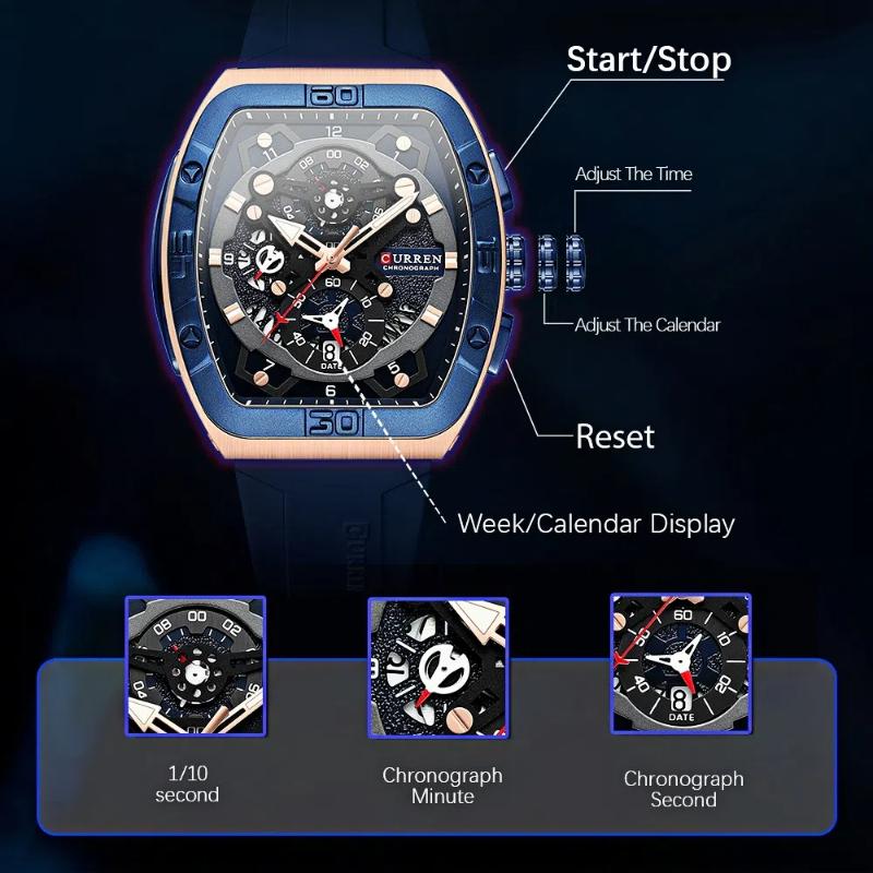 CURREN Men's Three Eyed Small Dial Six Pin Sports Calendar Watch Waterproof Silicone Strap Quartz Watch