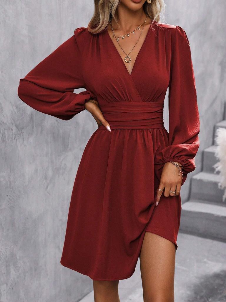 Autumn/Winter Asymmetrical Neck Lantern Sleeve Ruffle Waist Dress in Wine Red, Military Green, Black, Navy Blue, Small Floral Print.