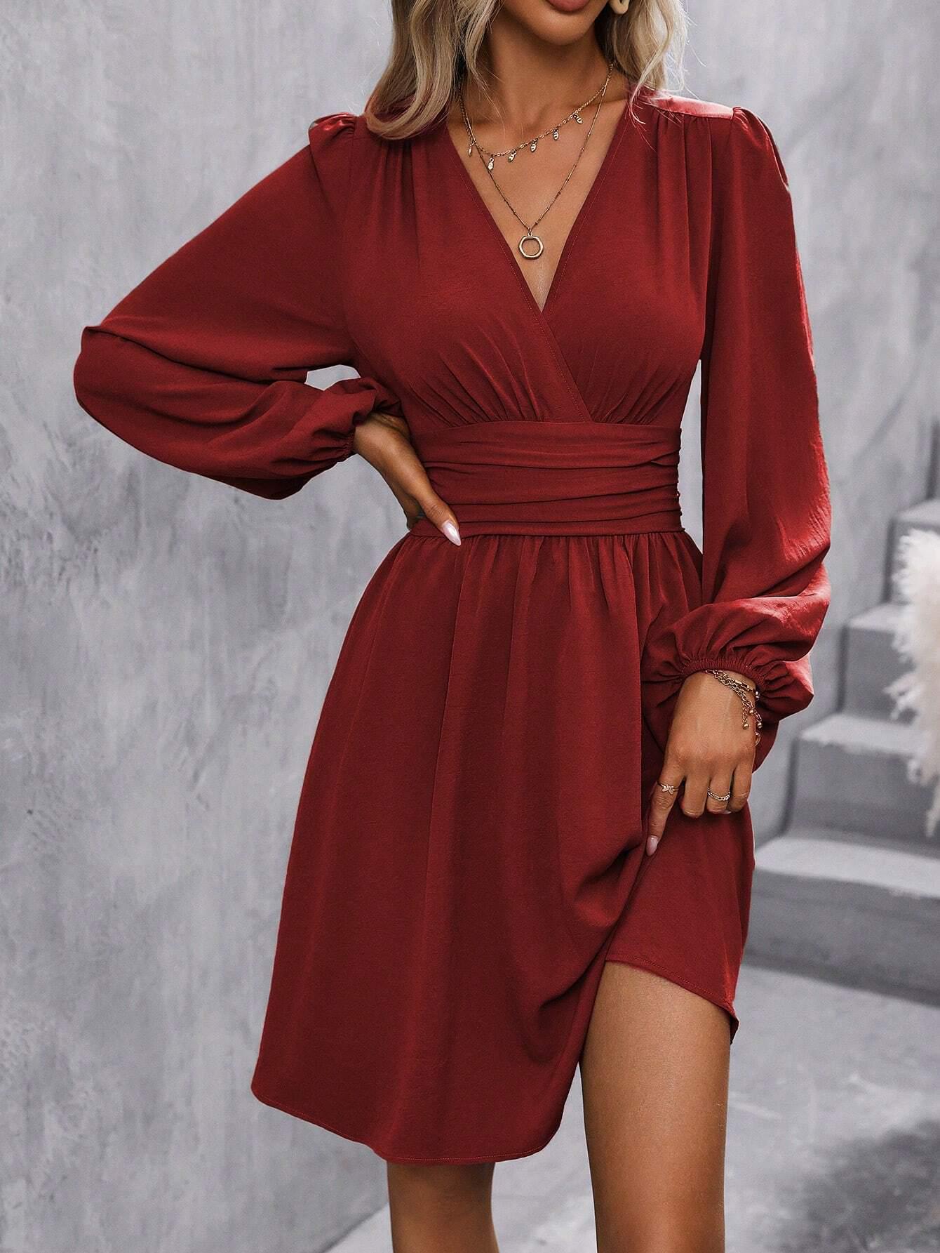 Autumn/Winter Asymmetrical Neck Lantern Sleeve Ruffle Waist Dress in Wine Red, Military Green, Black, Navy Blue, Small Floral Print. X-Large вино красного