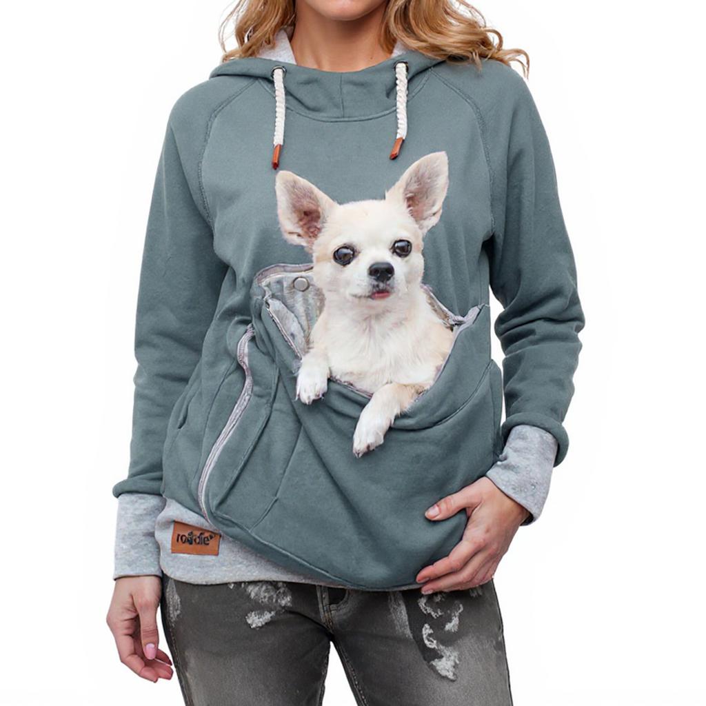 Women's Solid Color Large Pocket Pet Long Sleeved Pullover With Drawstring Sweatshirt Top