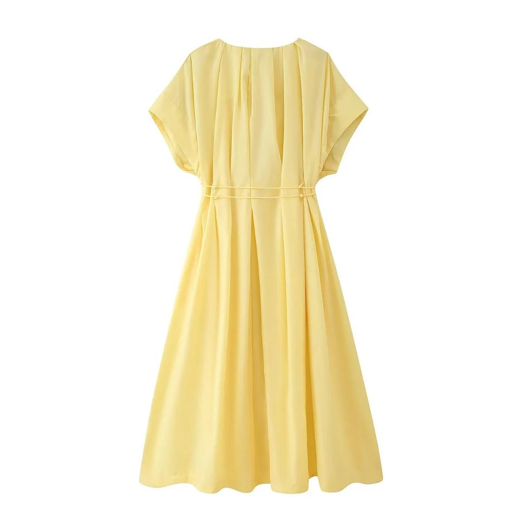 Vintage Women Dresses Fashion Single Breasted Sashes Draped V Neck Sleeveless Solid Ladies Dresses