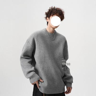 Men’s Trendy Solid Color Round Neck Knitted Sweater – Autumn/Winter Long Sleeve Korean Style Casual Base Layer