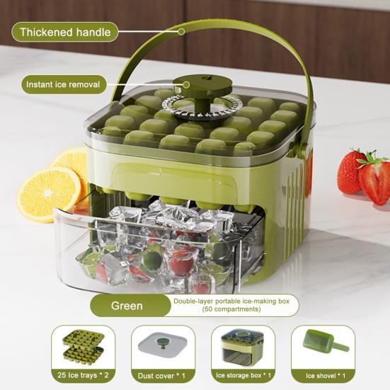 Ice Cube Mold with Lid And Ice Shovel Stackable Double Layer Ice Tray Pull-Out Ice Drawer Ice Cube Maker for Cocktail Whiskey