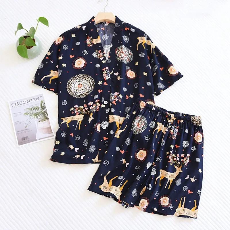

Новые летние женские пижамы из 100% вискозы с короткими рукавами, шорты, два предмета, цветочный узор, V-образный вырез, тонкий свободный женский комплект домашней одежды, одежда для сна M