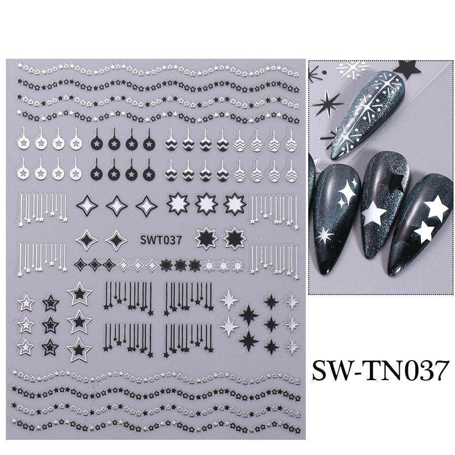 Nail Sticker with Gold Hot Stamping, Three Color Leaf Painting, Hollowed Out Flower, Black and White Star, Nail Back Adhesive Sticker