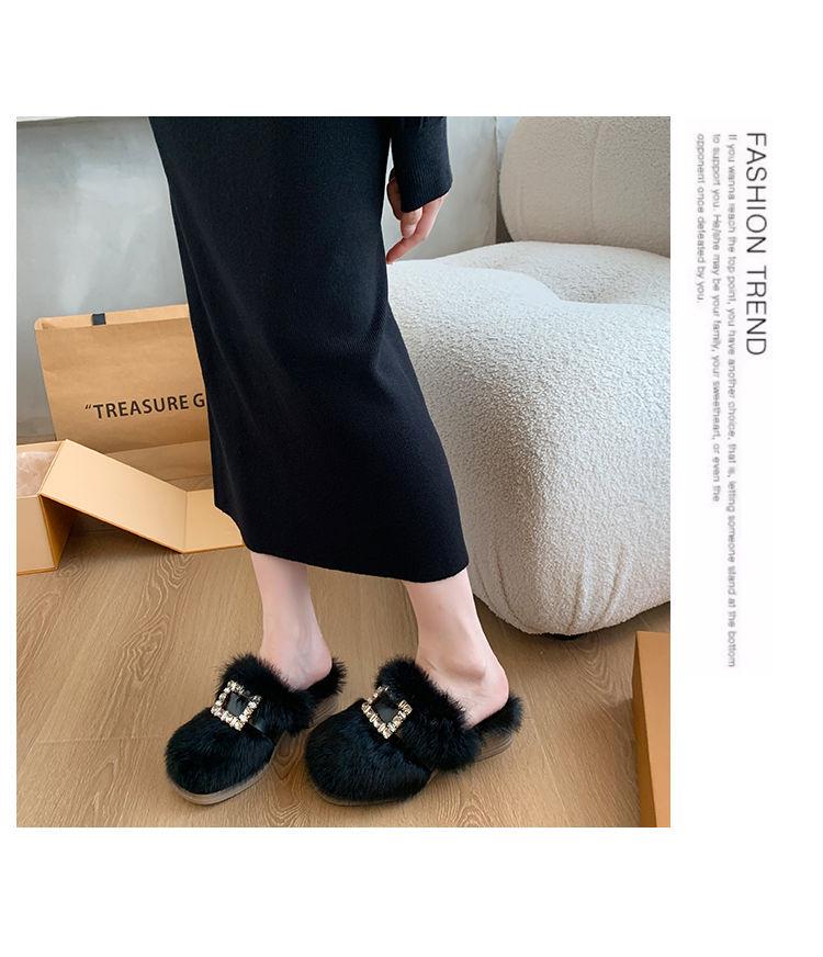 Autumn/Winter 2025 Women's Chunky Heel Furry Cotton Slippers - Mid-High Rabbit Fur Mule Shoes