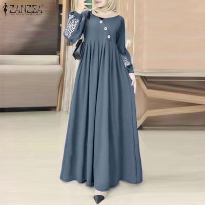 Women Print Patchwork Elasticated Cuffs Lantern Sleeves Casual Long Dress