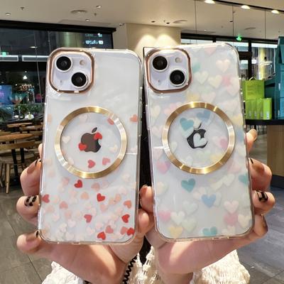 Metal Magnetic Love Heart Phone Case For iPhon 14 12 13 11 Pro Max Luxury Magsafe Magnet Transparent Covers Wireless Charging