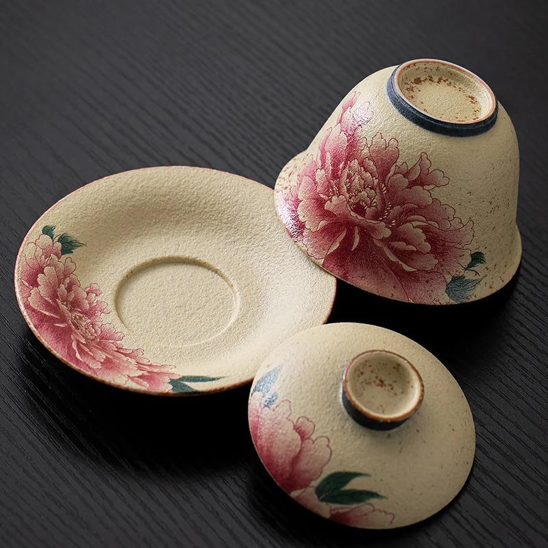 Red Ceramic Three Talents Cover Bowl Tea Maker, Old Retro Peony Small Teapot, Single Household High-end Tea Set