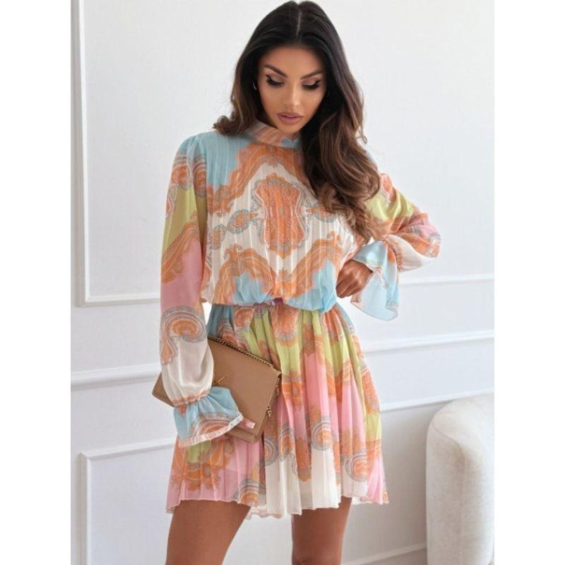 Autumn New Western Style Stand Collar Print Pleat Loose Slimming Temperament Long sleeve dress Short dress Women Dress