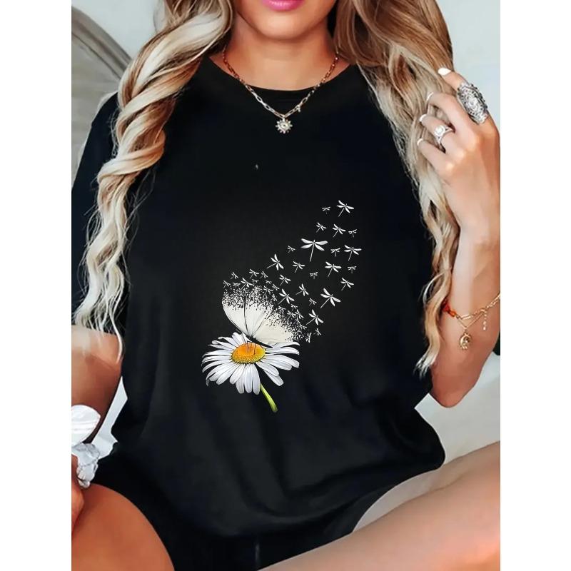 Black Oversized T Shirt With Daisy And Dragonfly Print For Casual Wear