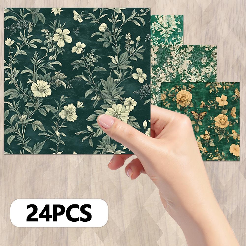 24pcs, Vintage Green Floral Theme Scrapbook Paper, A5 Size, DIY Journals, Material Paper, Patchwork, Photo Albums, Handbooks