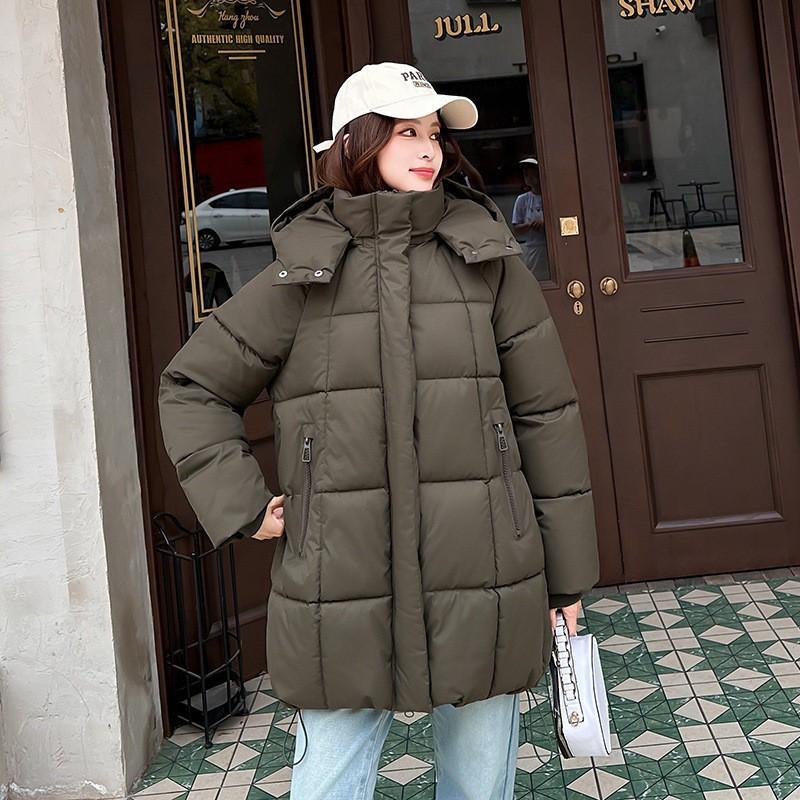 Womens Mid-Length Cotton Padded Coat With Hood Loose Fit Warm Winter Jacket In Solid Colors