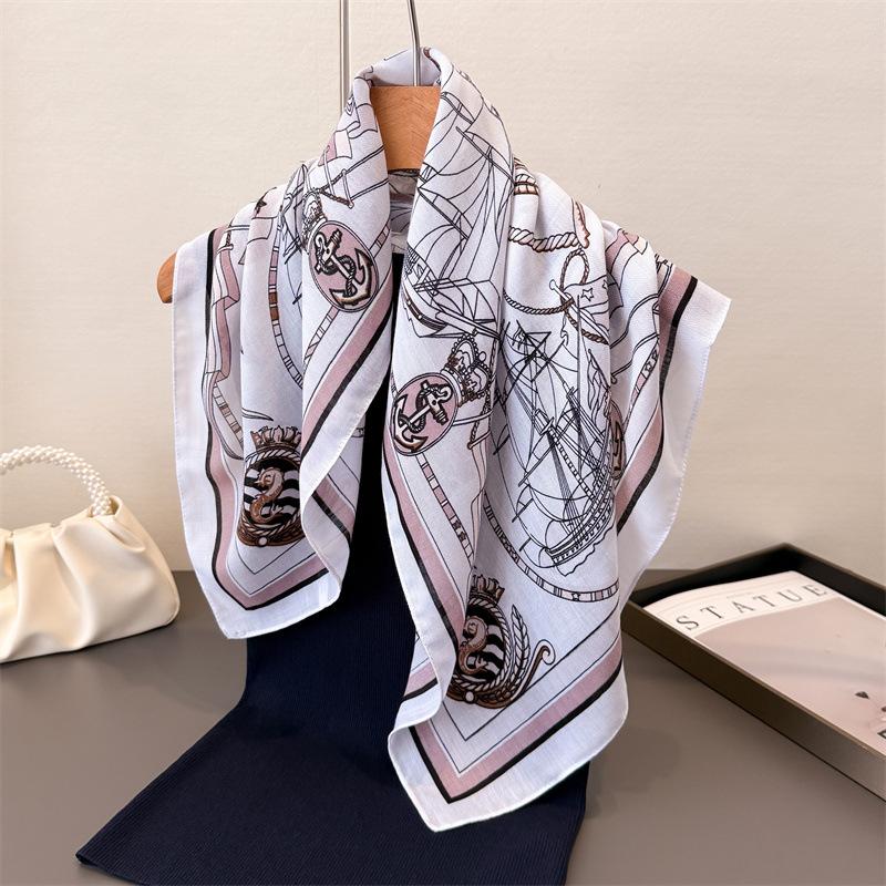Literary printed cotton linen small checkered scarf imitation velvet scarf retro shawl sun protection women's scarf