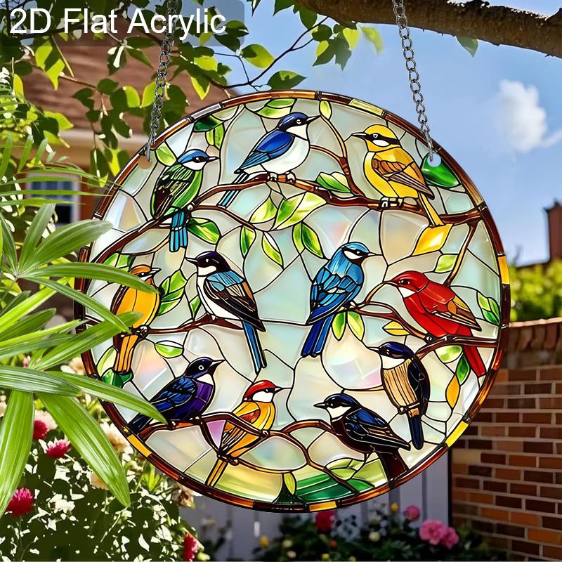 Acrylic Colorful Songbirds on Branches Suncatcher, Stained Glass Style Window Hanging Ornament for Bird and Nature Lovers