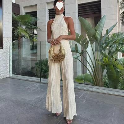 Women's 2024 Asymmetric Halter Top & Elastic Waist Pleated Pants Set