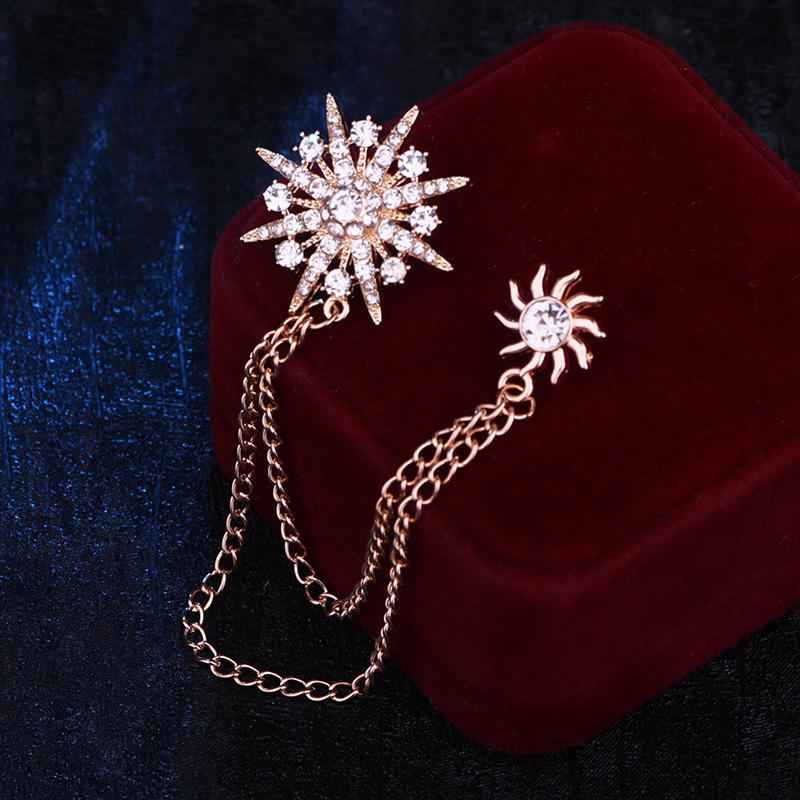 Korean Japanese Men's Starburst Brooch Badge with Chain Tassel for Suit Lapel Pin