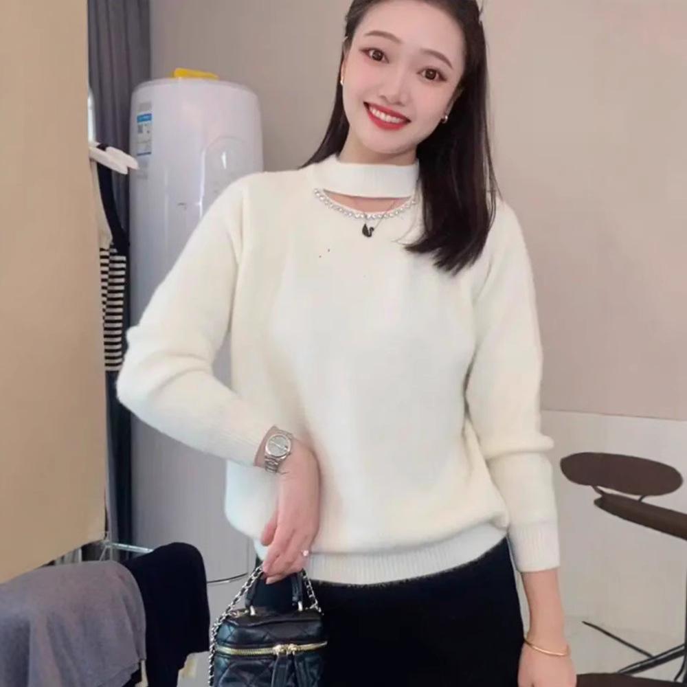 

2024 Autumn/Winter French Beaded Hollow-Out Knit Sweater - Round Neck Lazy Style L