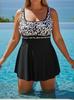White Leopard Print Plus Size Tankini Swimwear - Women's Two-Piece Swimsuit with Swim Skirt & Large Bust Support