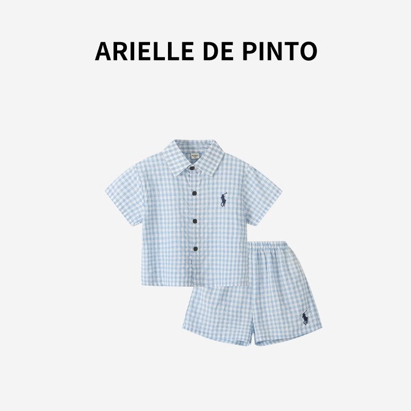 French Arielle De Pinto Boys Korean-Style Shirt Two-Piece Set Baby Summer Clothing Set Blue Plaid Suit 140