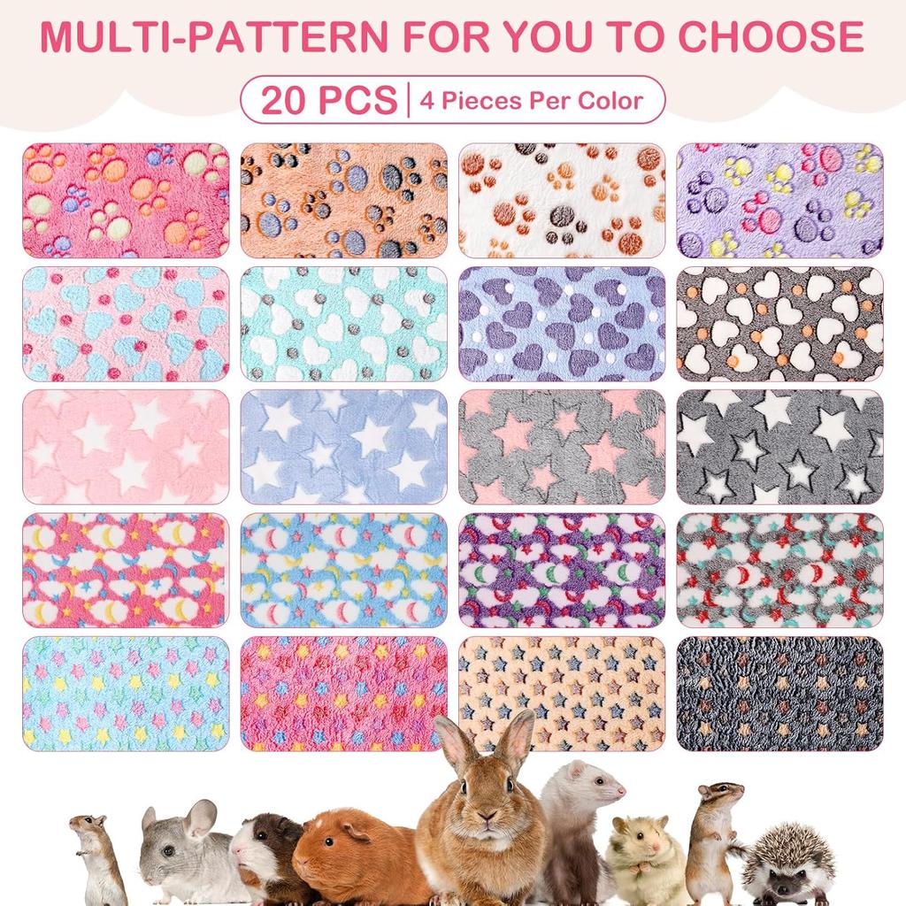 Newwiee 20 Pcs Small PET Fleece Blanket Washable Waterproof Small Animal Cage Bedding Guinea Pig Puppy Dog Cat Pee Pad Liner Accessories(12 x 12