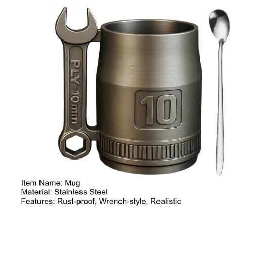 Stainless Steel Cup 10mm Wrench Cup Personalized Retro Coffee Mug for Machinist Gear Heads And Tool Lovers