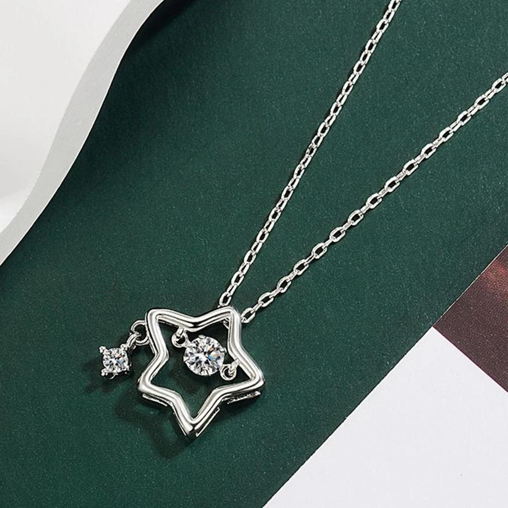 Girls Y2K Sweet Cool Star Rhinestone Necklace Geometric Silver Color Hollow Pentagram Pendant Necklace for Women