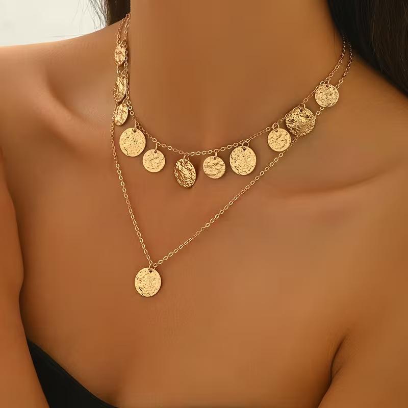 2Pcs Gold Color Textured Coin Fringe Tiered Necklace Set Chunky Disc Pendant Layered Choker Fashion Y-Necklace for Party Gifts