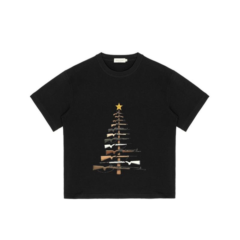 Black T Shirt Christmas Tree Rifle Pattern Casual Wear for Men and Women