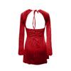 Elegantes Spitzenkleid für Damen, Spitzen-Patchwork, langärmelig, tief ausgeschnittenes Kleid, rückenfrei, Ausgehkleid