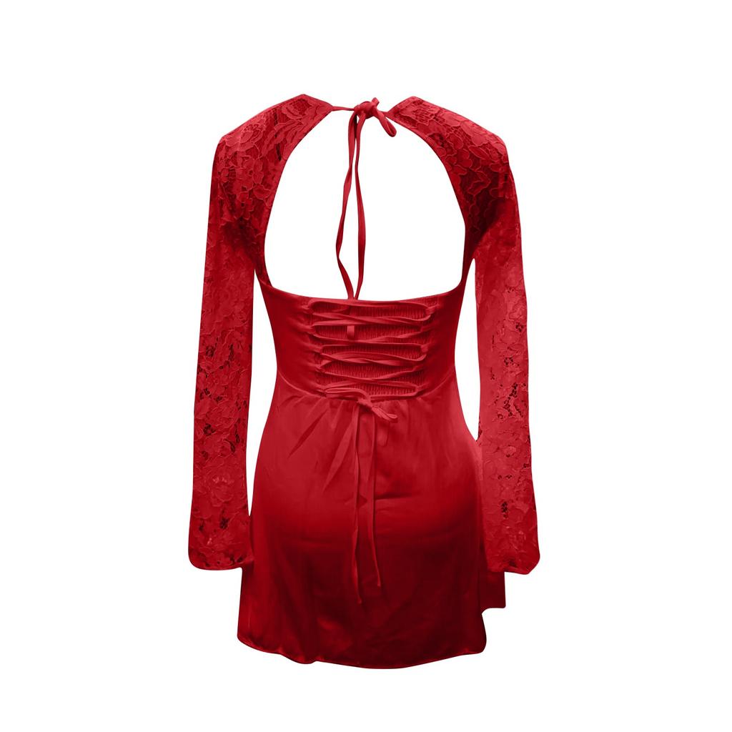 Elegantes Spitzenkleid für Damen, Spitzen-Patchwork, langärmelig, tief ausgeschnittenes Kleid, rückenfrei, Ausgehkleid