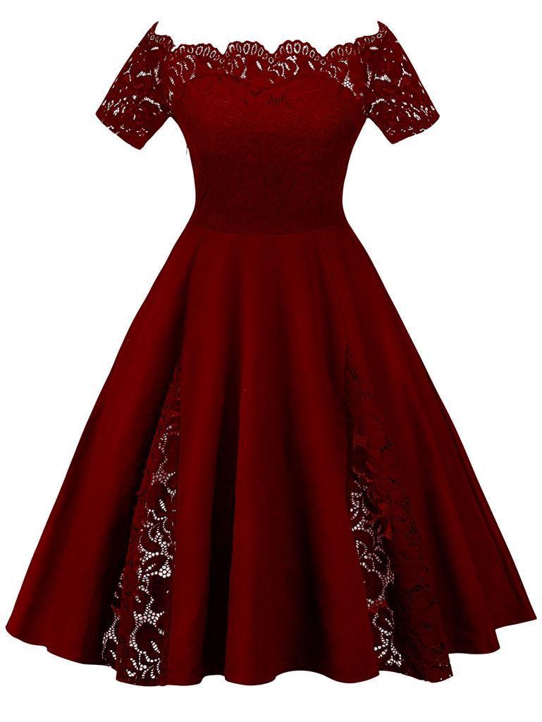 Elegant Plus Size Lace Dress With Off Panel Shoulder Design And High Waist Silhouette For Sophisticated Occasions