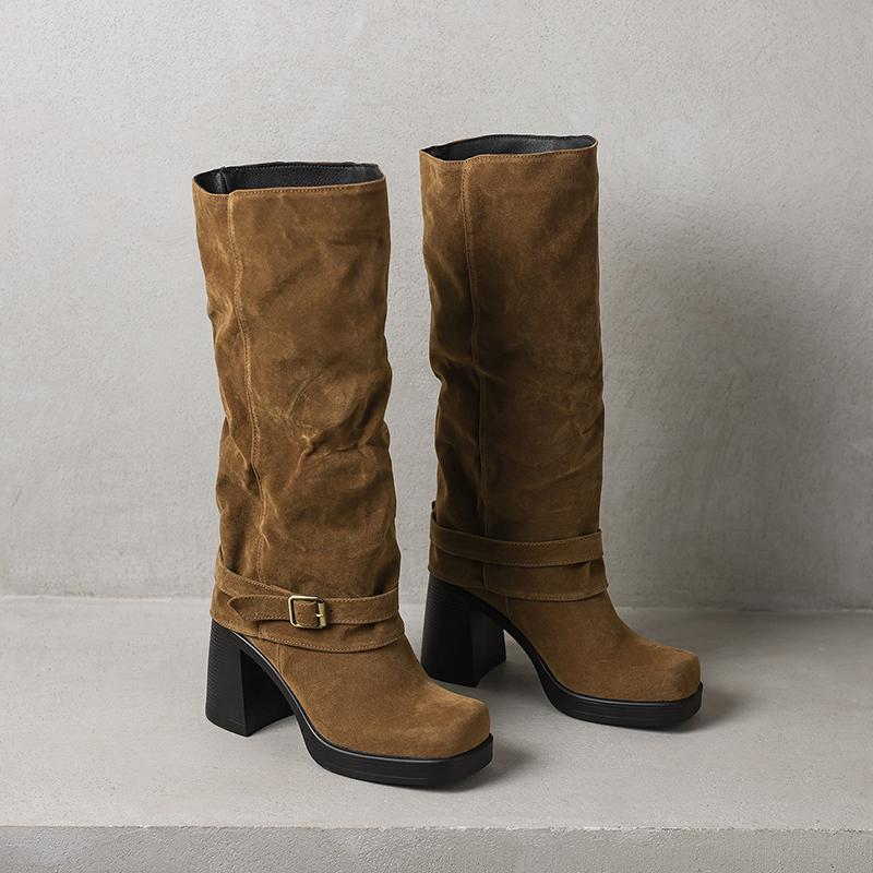 Women's High-heeled Boots Autumn and Winter New Sexy Temperament Thick Heel Square Head Large Size Medium Boots