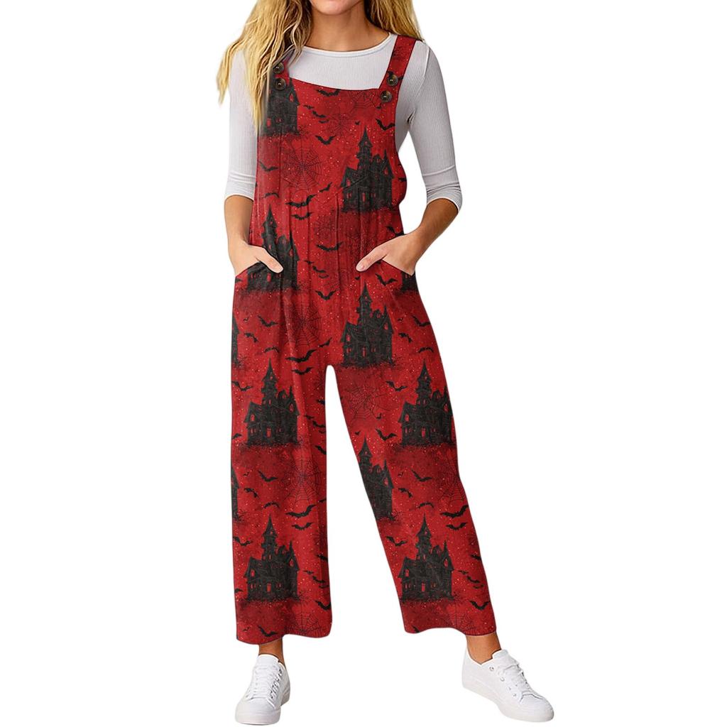 Women’s Loose Casual Sleeveless Jumpsuit Halloween Printed Jumpsuit Printed Jumpsuit