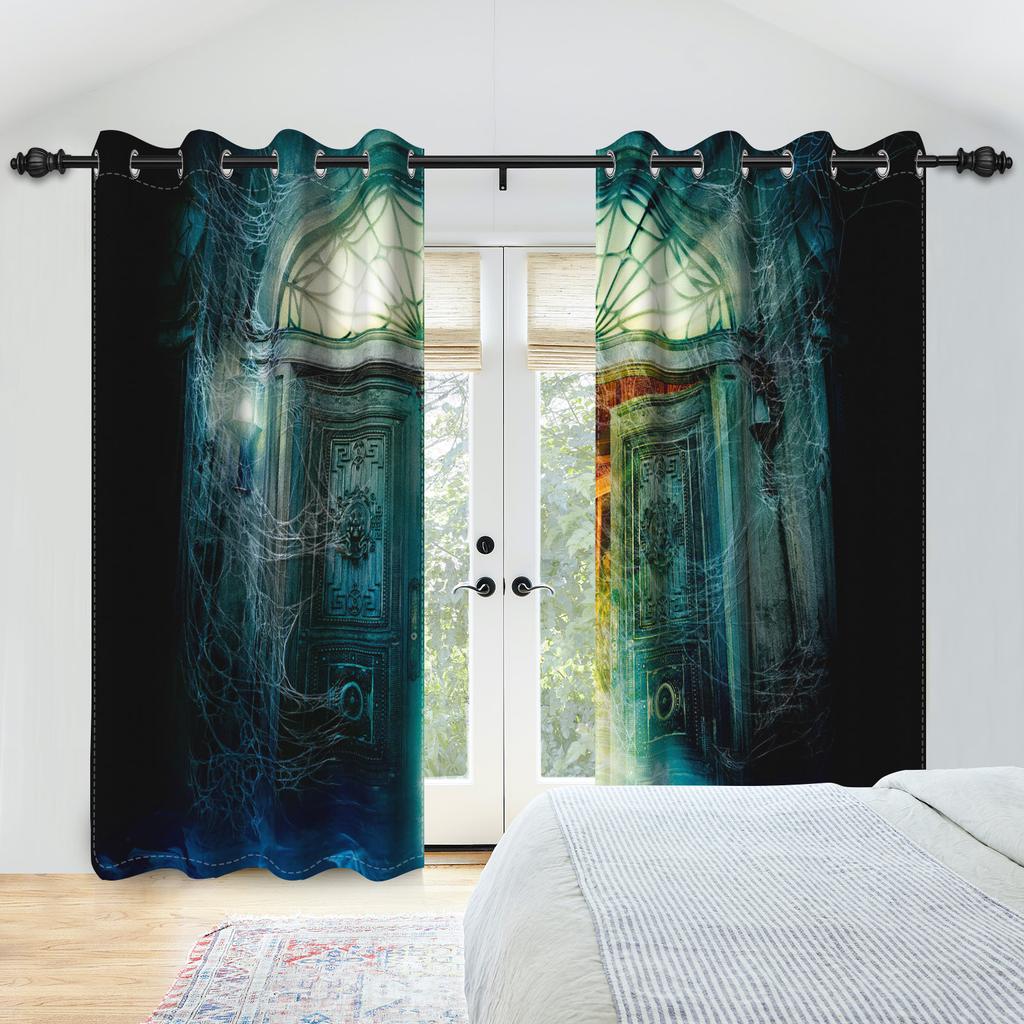 2pcs/set Horror Halloween Window Curtain Night Gate Skeleton Home Bedroom Living Room Decor Blackout Polyester Fabric Curtains