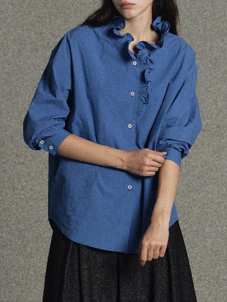 GUOE 100% Cotton Baroque Ruffle Lace Collar Shirt