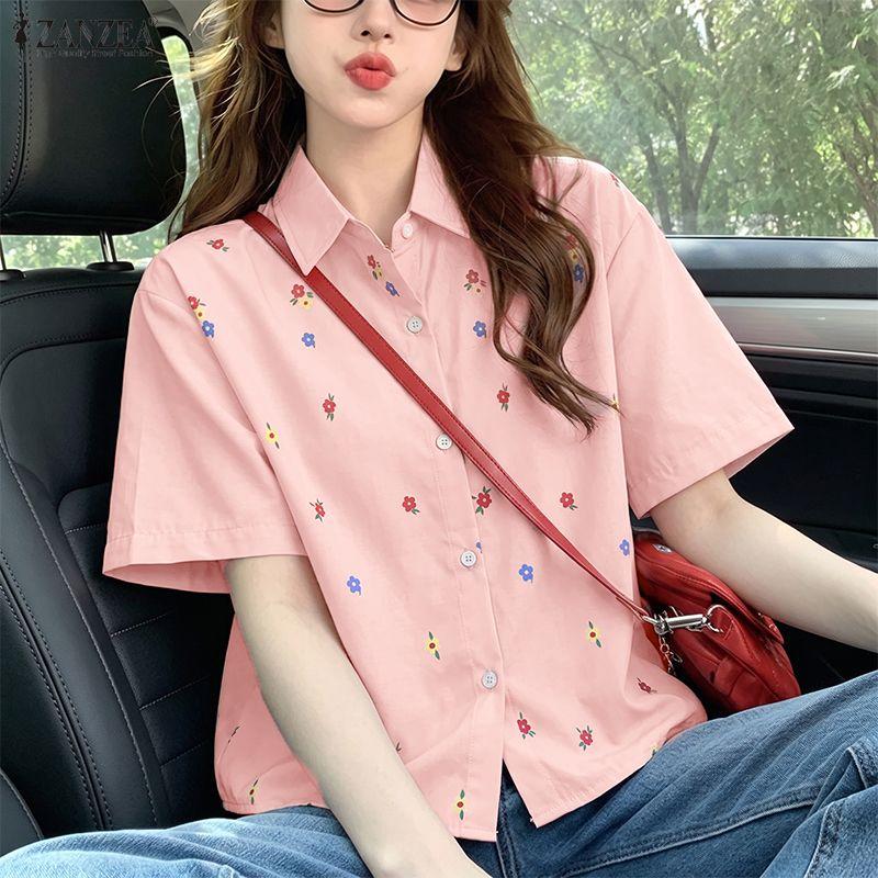 ZANZEA Women Casual Turn Down Collar Loose Floral Print Short Sleeve Blouse