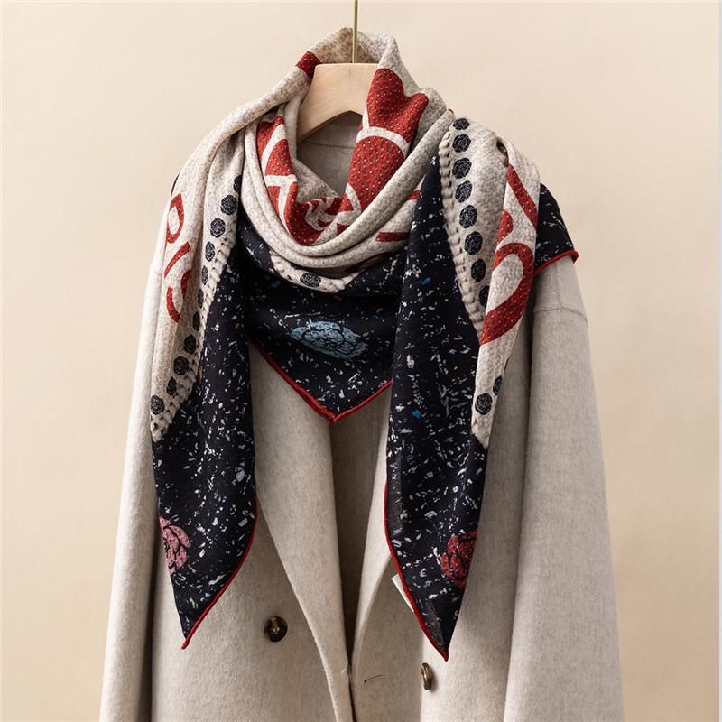 Eșarfă 130*130cm 30% Mătase +70% Lână Retro Vintage Șal Luxos Moale Înfășurare Mare Caldă de Iarnă pentru Femei
