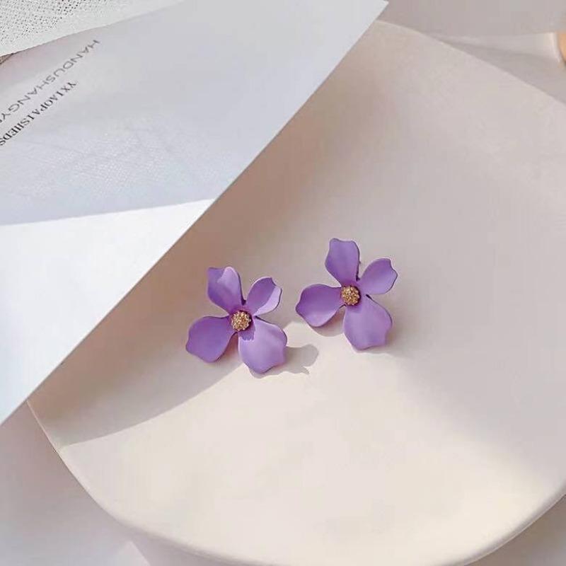 Colourful Korean Flower Earring for Women Girl Fashion Purple Earring Vintage Flower Shaped Ear Stud Wedding Party Jewelry Gift