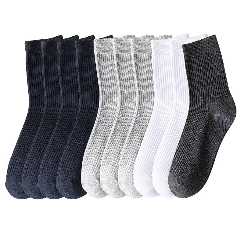 10 Pairs Men's Cotton Striped Socks Breathable All Season Solid Color Business Warm Knit Middle Tube High Quality Socks