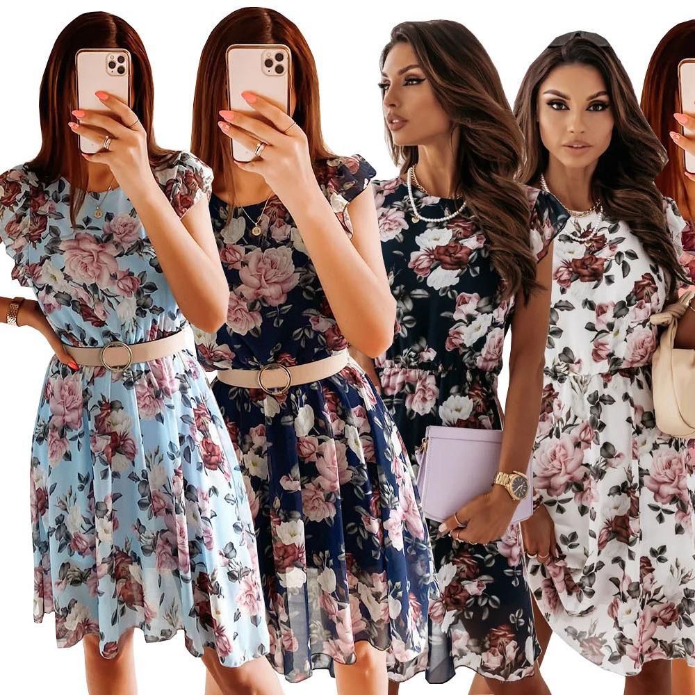 

Summer Ruffle Short Sleeve Chiffon Rose Print Dress Large