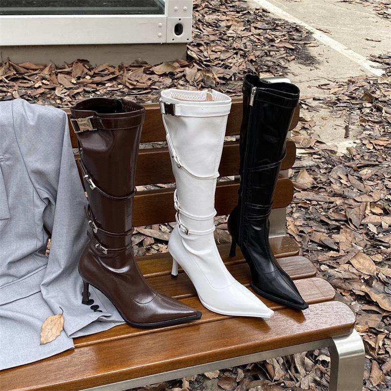 

European and American style pointed head tall knight boots belt buckle thin heel thin boots high heel boots but knee 39 чорний