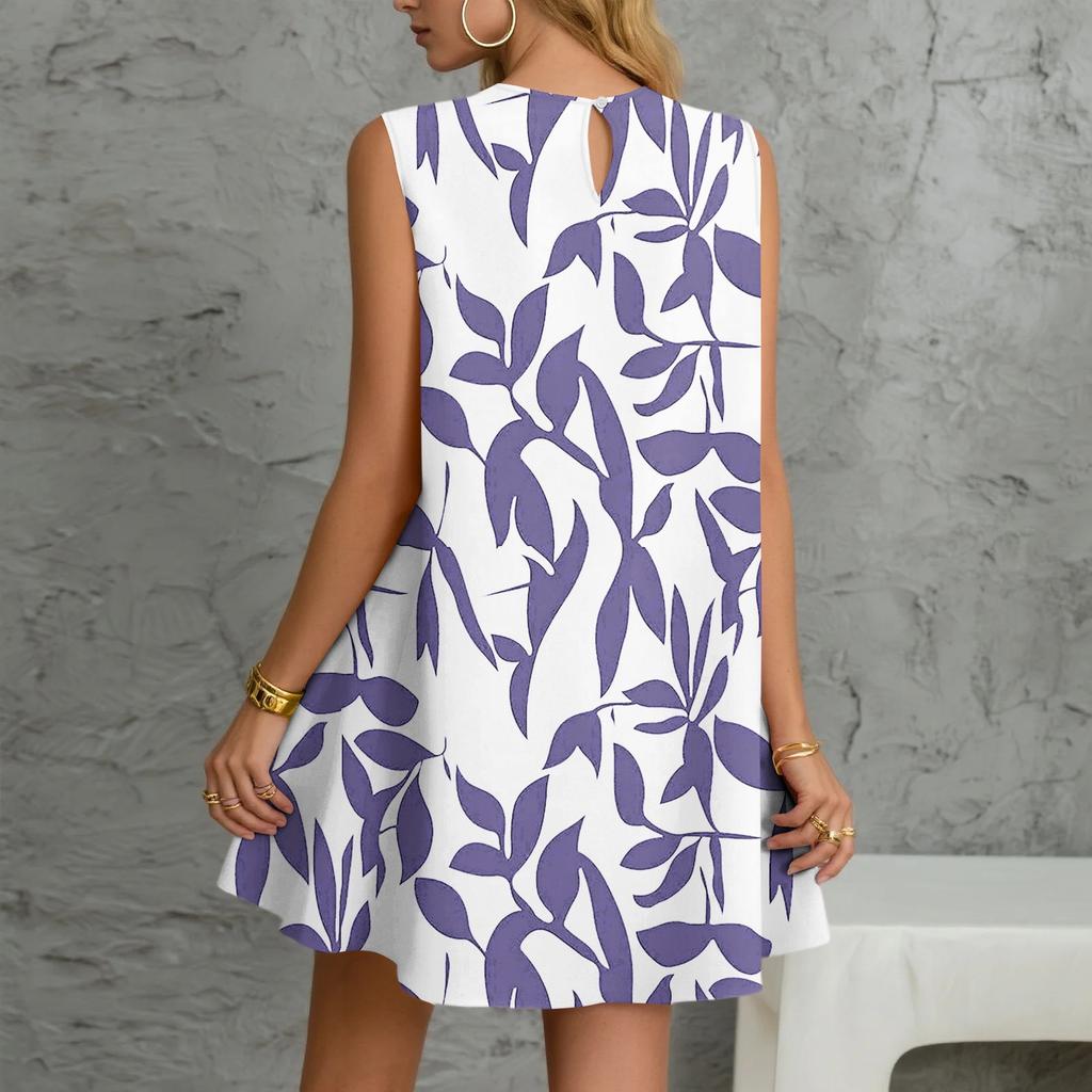 Women's Casual Fashion Breathable Round Neck Vest Floral Holiday Dress With Pockets