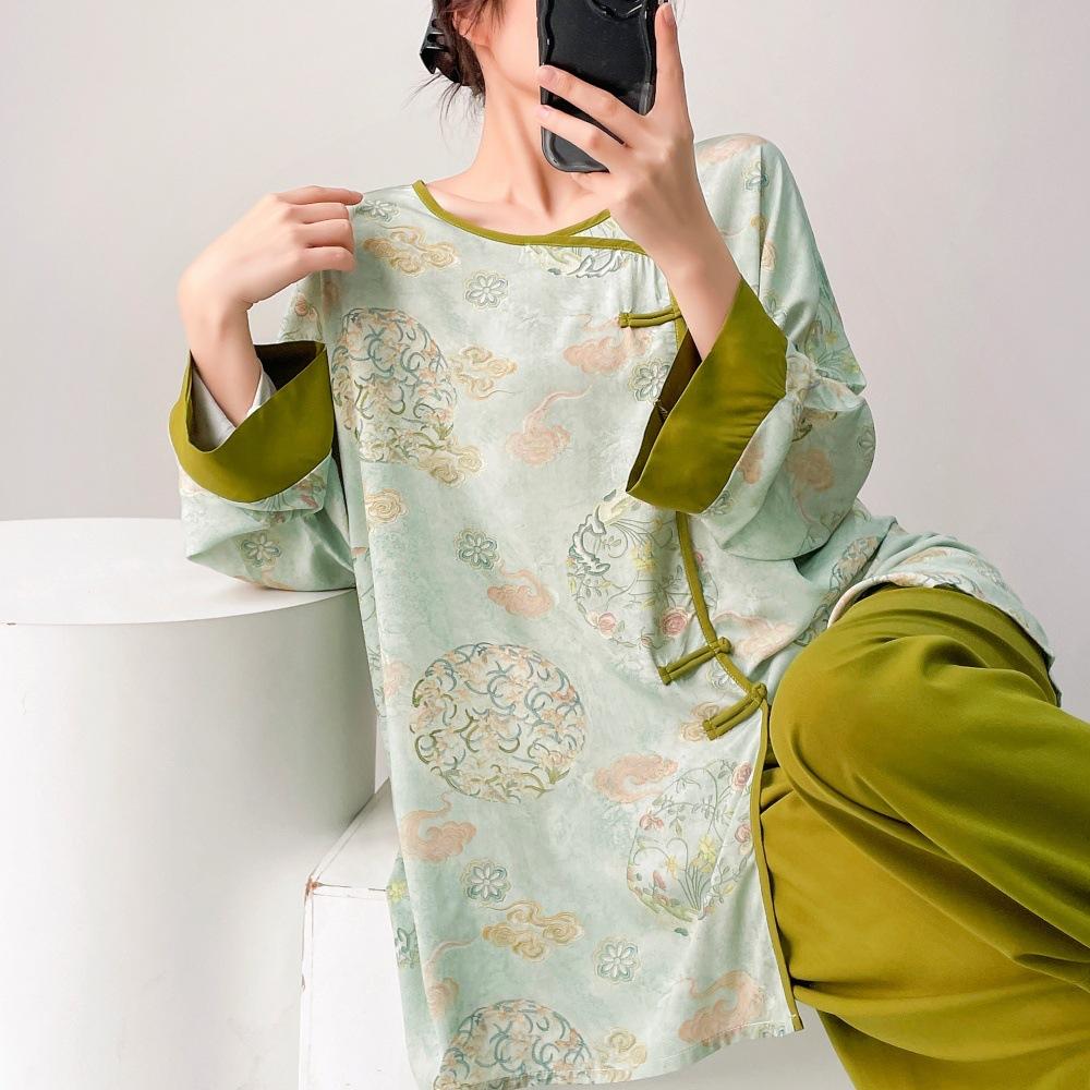 Spring/Summer new cotton silk new Chinese floral print pajamas, women's frog button loungewear, cotton silk set, vintage national style