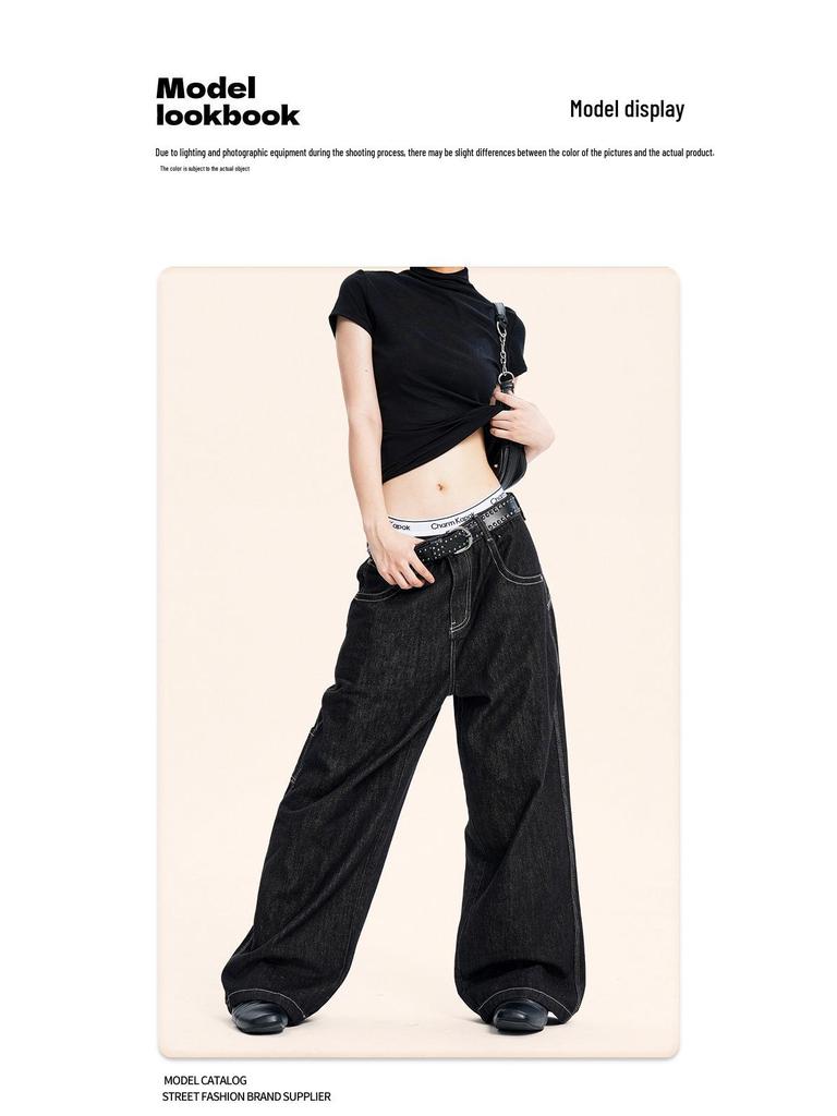 Yongfang Unisex Retro Black Wide-Leg Jeans: Casual, Loose, Washed Straight-Leg Pants.