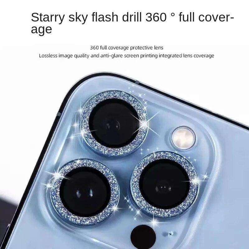 Glitter Diamond Camera Lens Protector for IPhone 15 14 13 12 11 Pro Max Mini Camera Metal Ring Glass